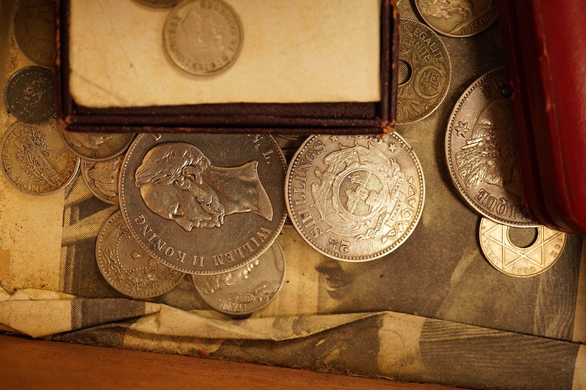 Assortment of silver coins to include a 5 Franc, 1851 and Queen Victoria four pence